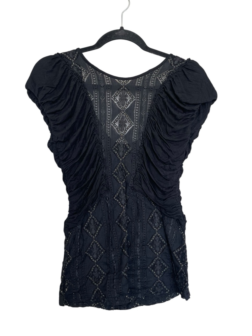 Y2K Fairycore Black Ruched Sleeve Lace-Panel Women's Top
